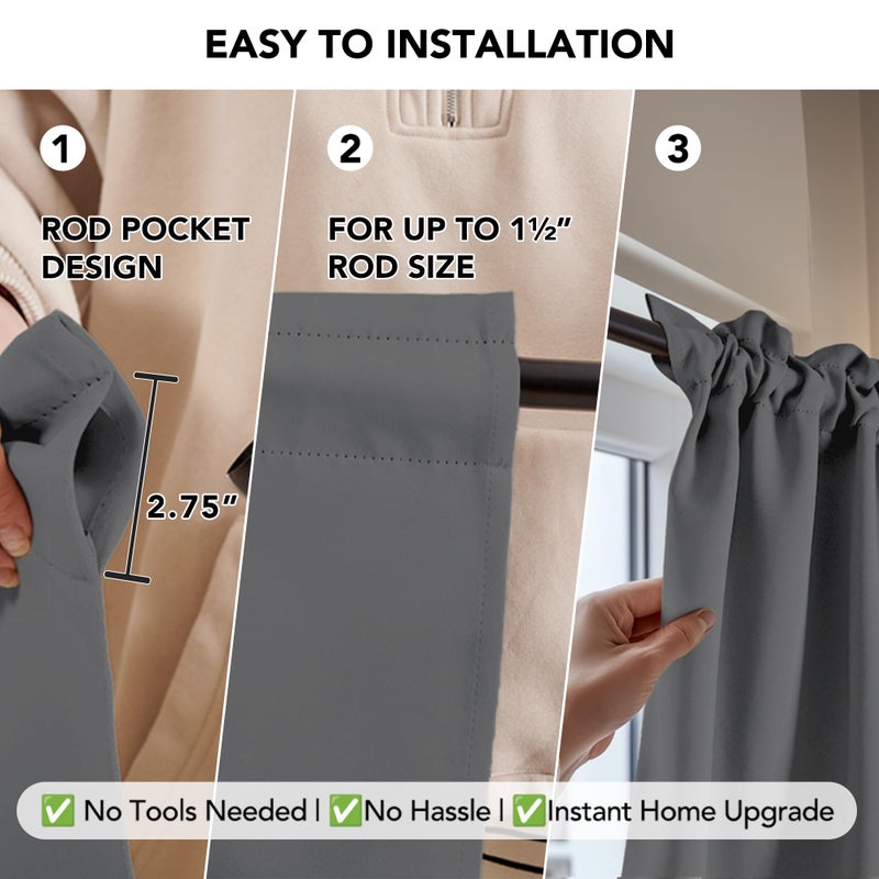 Deconovo Blackout Curtains 63 Inch Length 2 Panels, Thermal Rod Pocket Room Darkening Curtains for Bedroom, Living Room Curtains Drapes for Kids Room - W42 x L63 Inch, Light Grey - Image 3